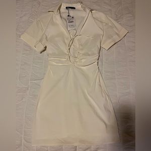 Zara linen blend tie front shirt dress | in cream | size XS